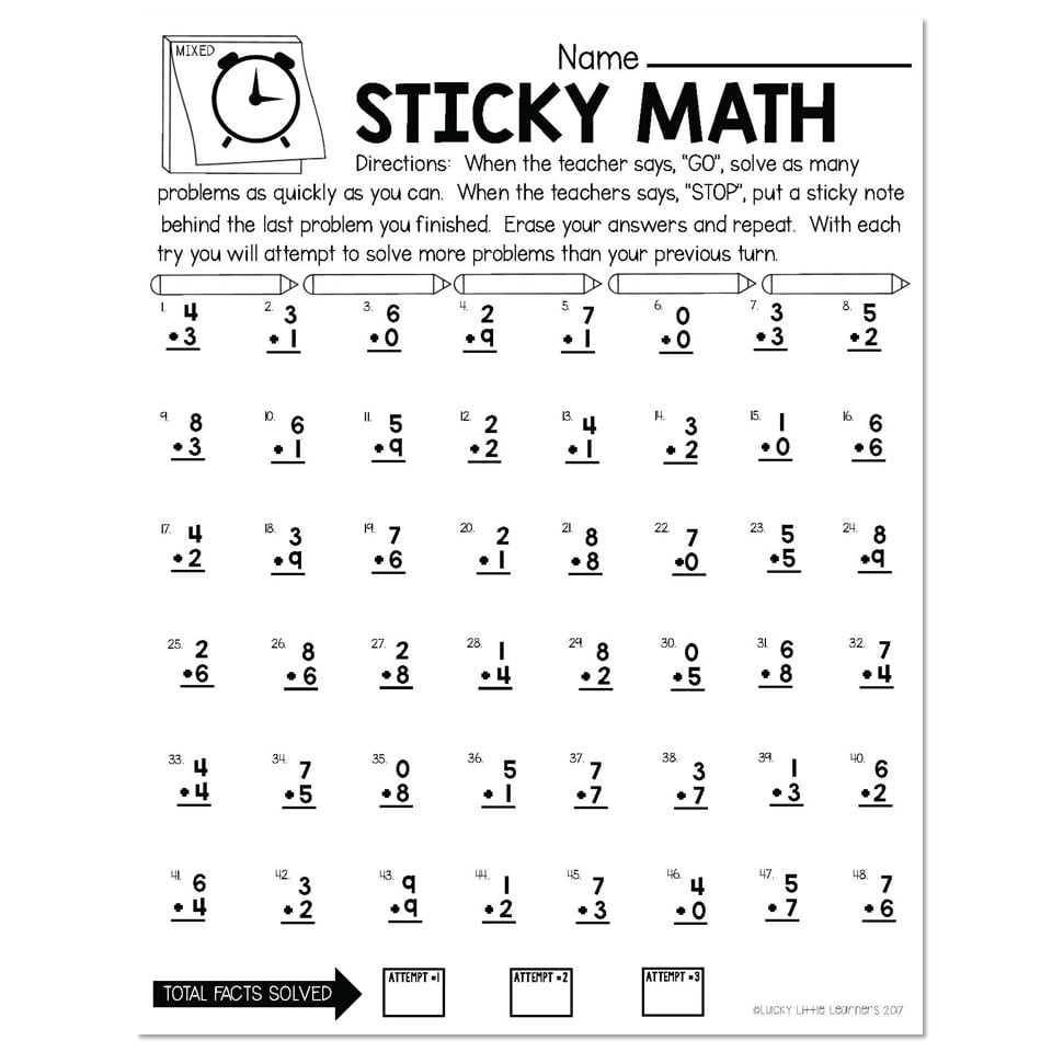 A “Sticky Math” worksheet with rows of numbered single-digit addition problems, directions for timed attempts, and boxes to record three attempt totals.