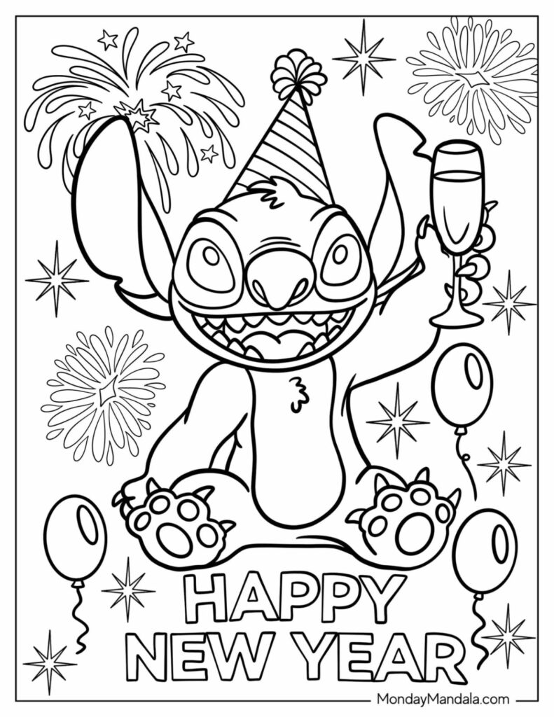 New Year coloring page featuring a smiling character in a party hat holding a glass, surrounded by fireworks and balloons, with “HAPPY NEW YEAR” lettering.
