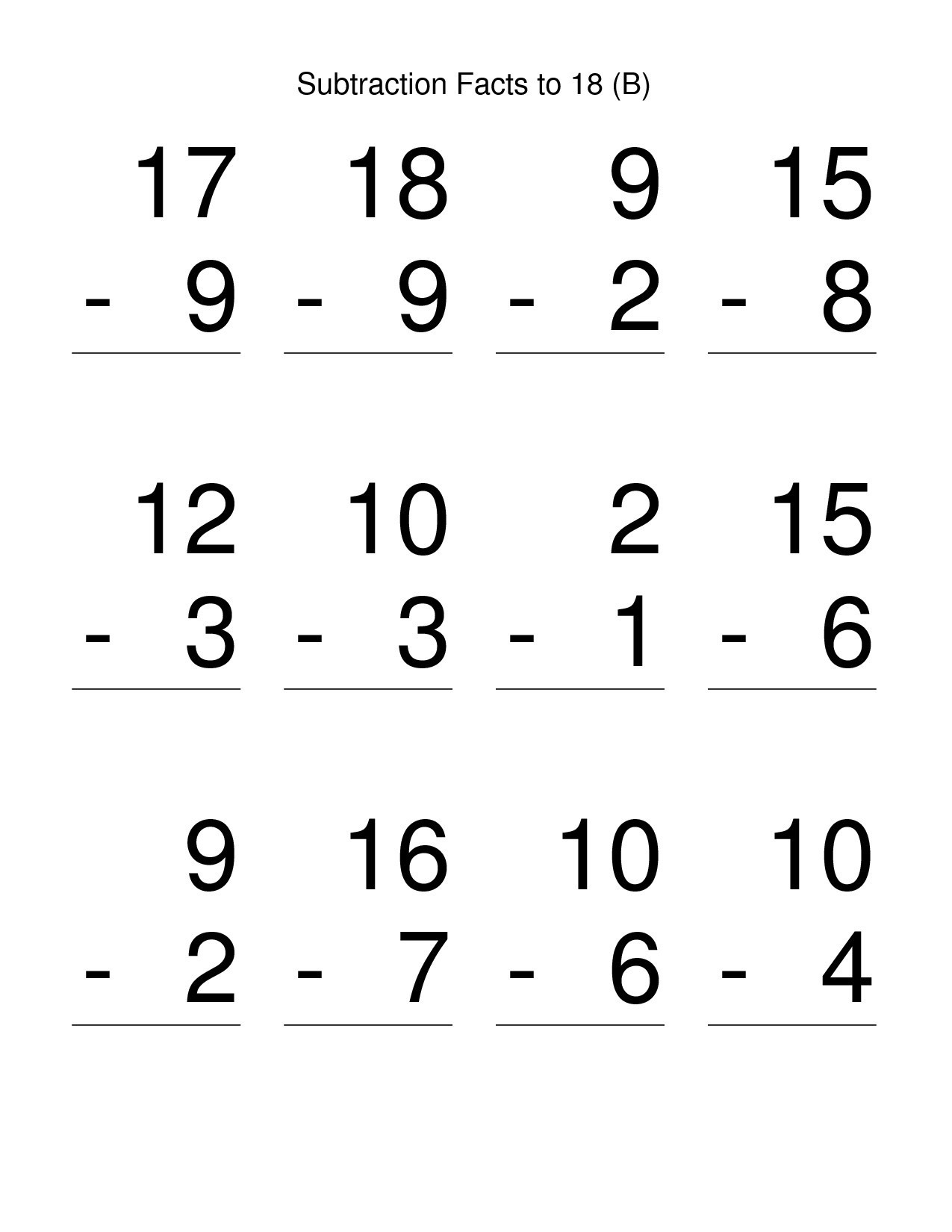 A subtraction worksheet titled “Subtraction Facts to 18 (B)” with 12 vertical problems, including 17 − 9, 18 − 9, and 16 − 7.