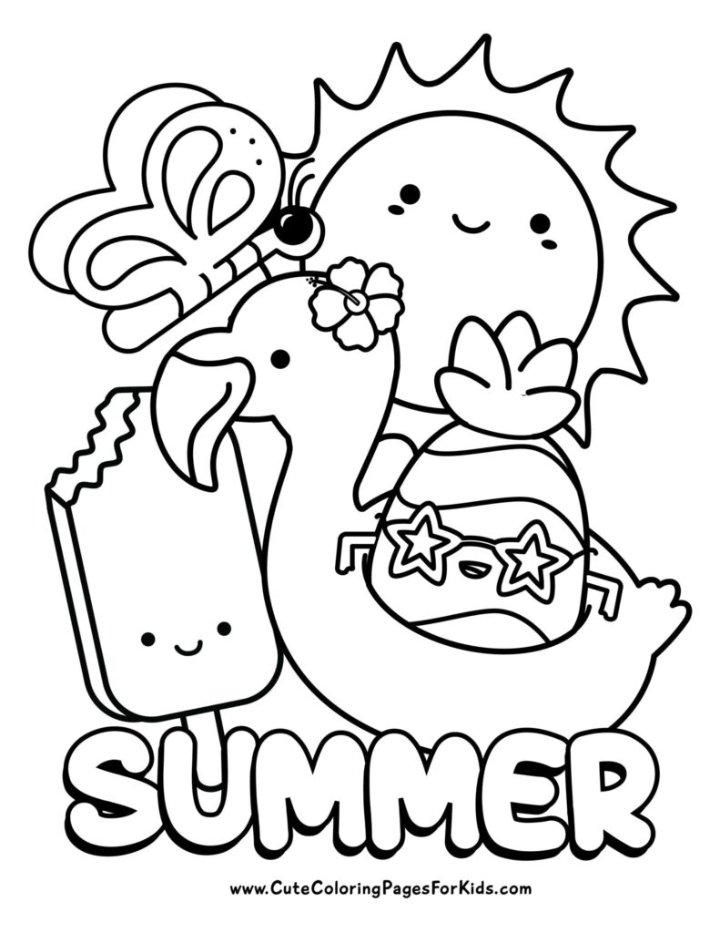 Summer coloring page with a smiling sun, butterfly, popsicle, and beach ball above the word “SUMMER.”.