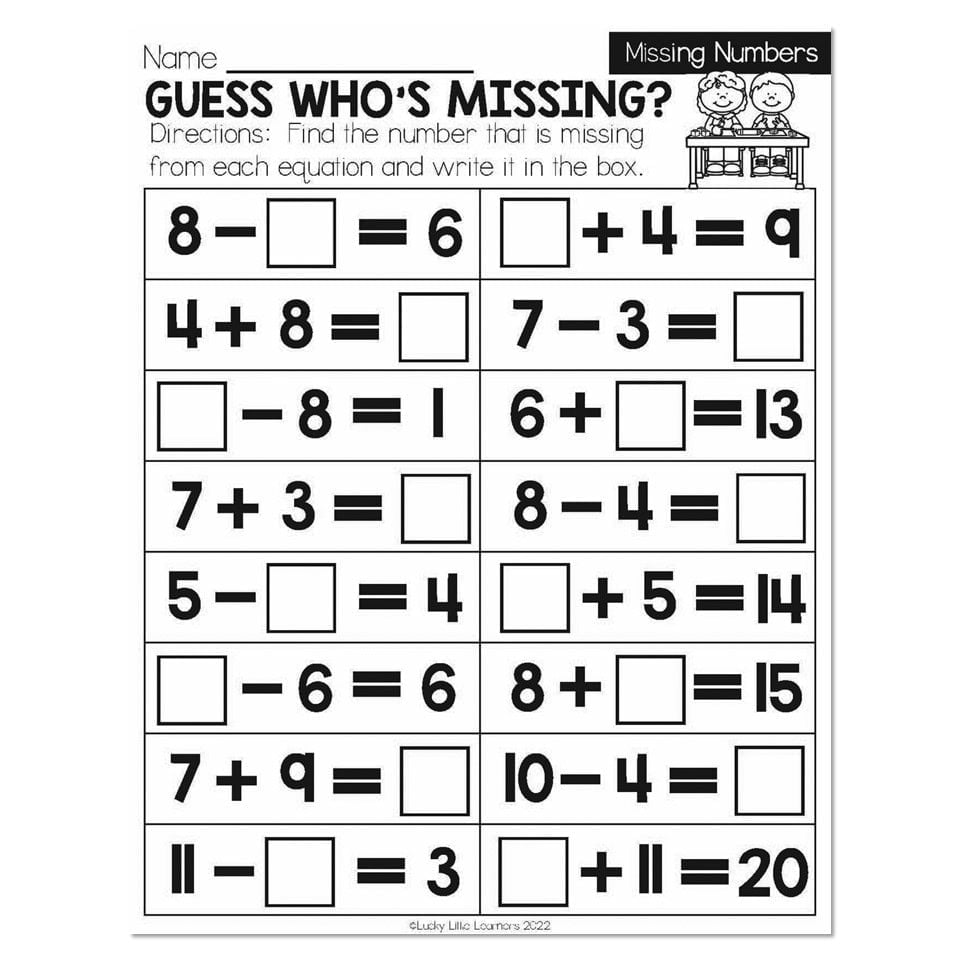 A first-grade worksheet titled “Guess Who’s Missing?” with two columns of addition and subtraction equations, each containing a blank for the missing number.