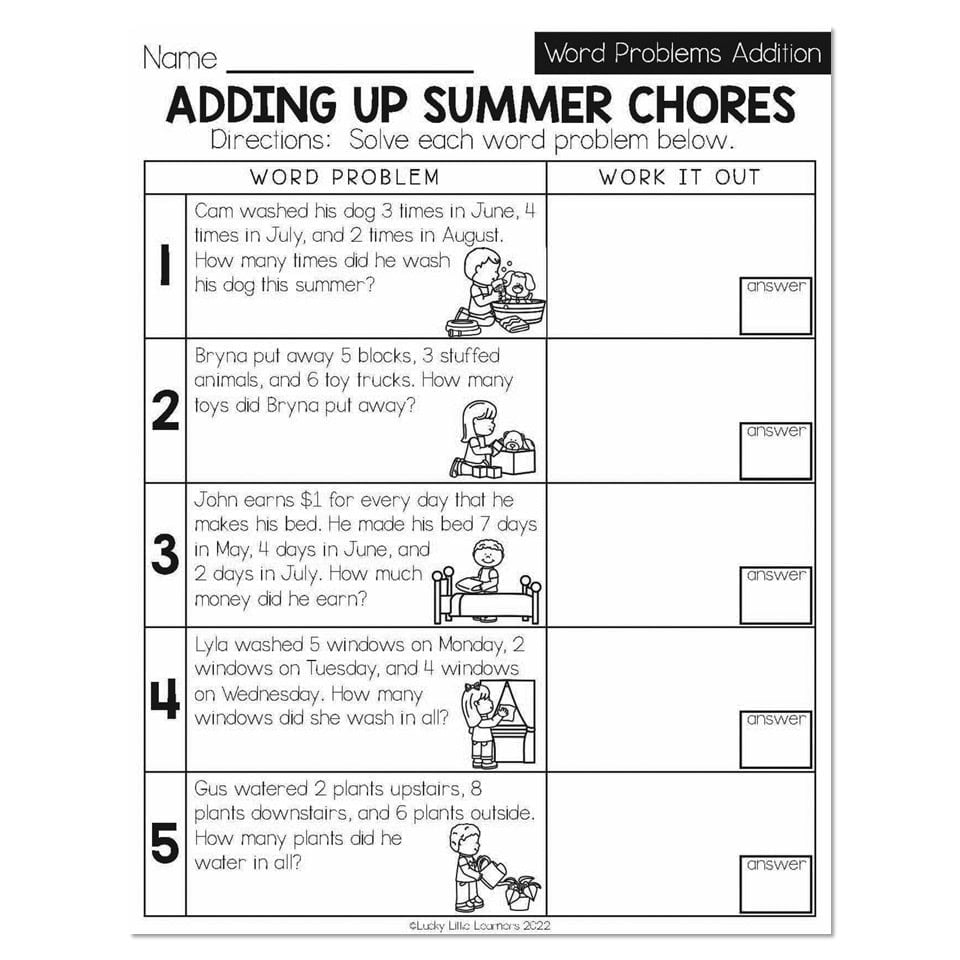 Addition worksheet titled “Adding Up Summer Chores,” with five illustrated word problems about washing a dog, putting away toys, making a bed, washing windows, and watering plants.