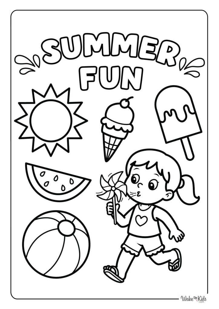 Summer Fun coloring page featuring a child holding a pinwheel, with a sun, ice cream cone, popsicle, watermelon slice, and beach ball.