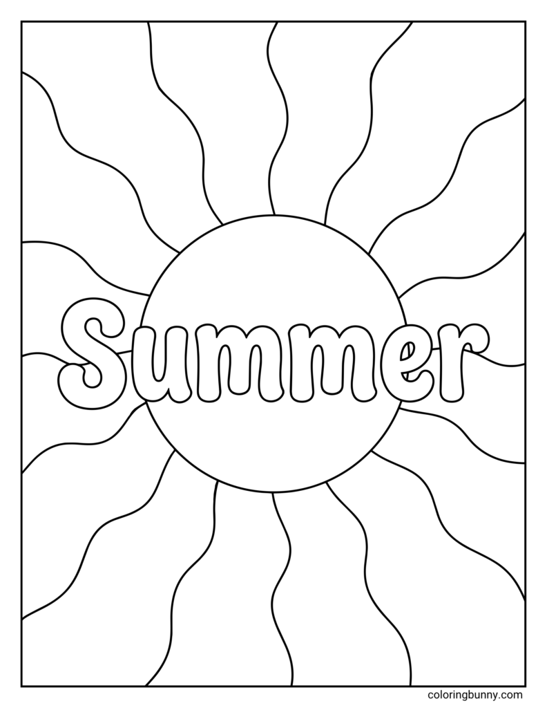 Summer coloring page with a large central sun, wavy rays, and the word “Summer” in outlined bubble letters.