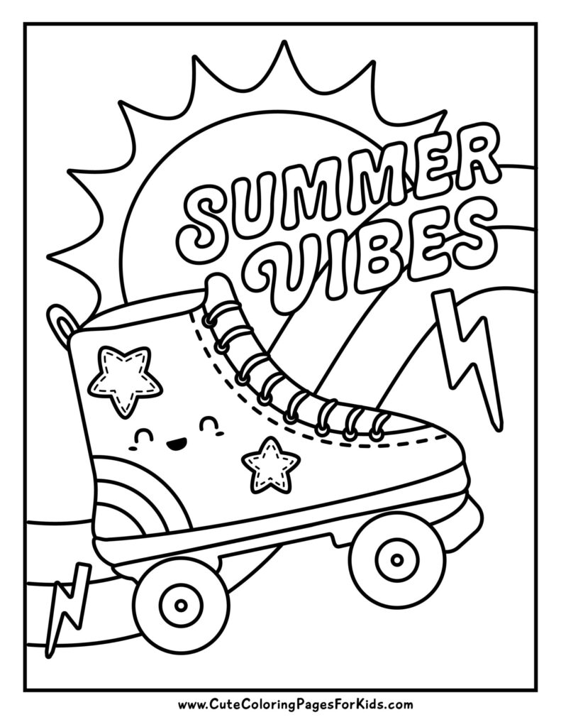 Summer coloring page featuring a smiling roller skate with stars and wheels, a sun, and large “Summer Vibes” lettering.
