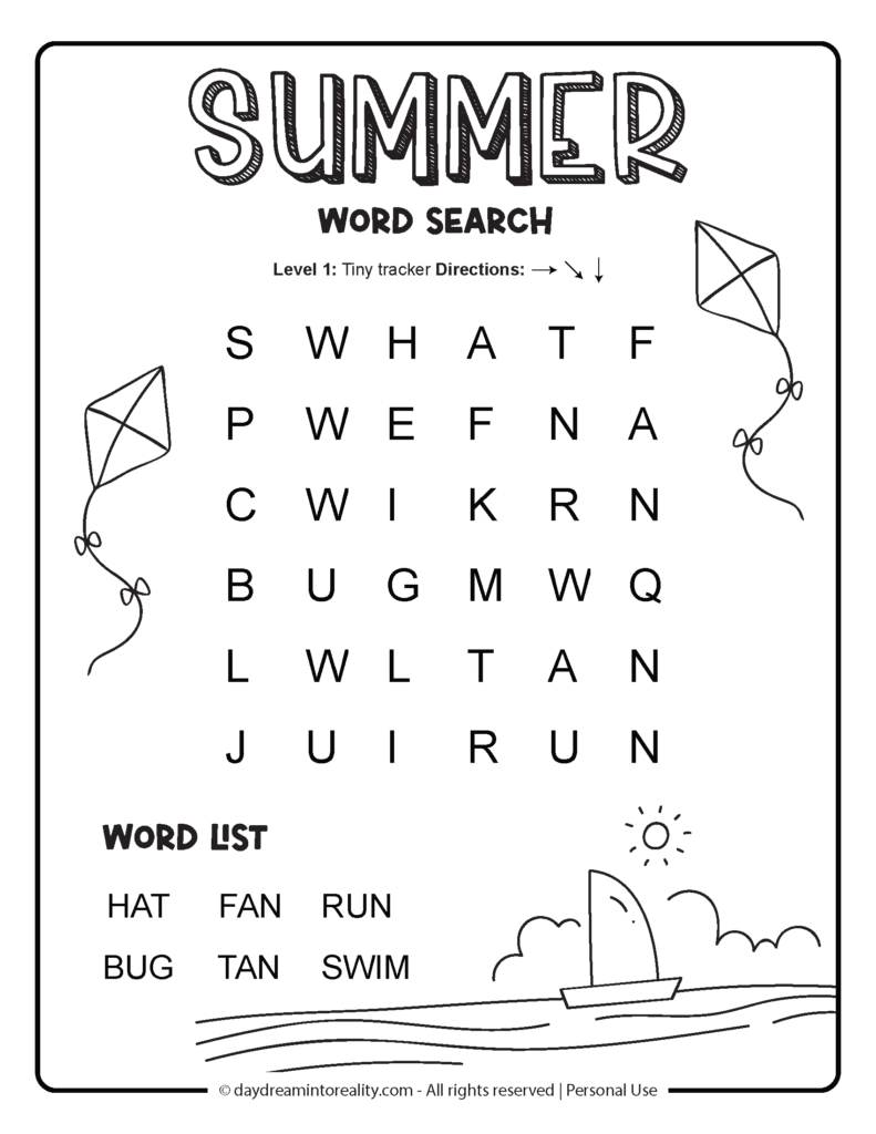 A summer word-search worksheet with a 6-by-6 letter grid, directions to search horizontally, diagonally, and vertically, and a word list including hat, fan, run, bug, tan, and swim. Kite and sailboat drawings decorate the page.