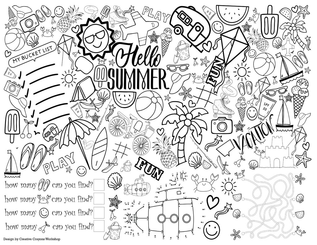 Summer-themed coloring and activity page featuring “Hello Summer,” with outline drawings of beach items, suns, palm trees, and other summer icons, plus count-and-find questions.