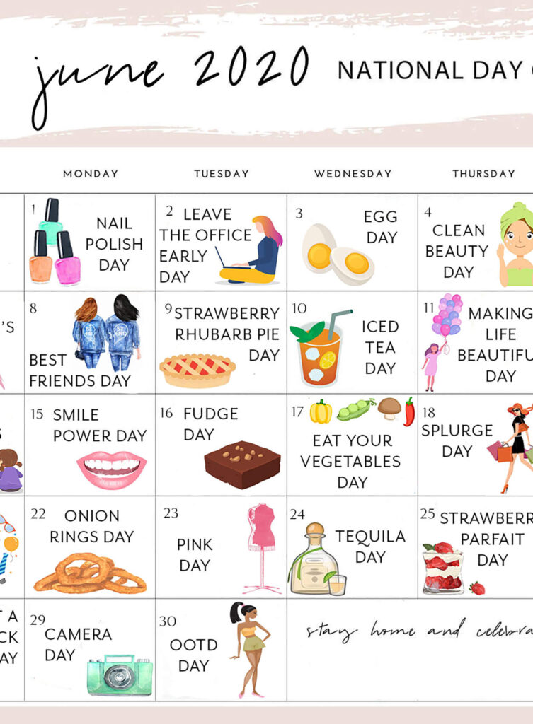 A June 2020 calendar page lists daily observances, including Nail Polish Day, Egg Day, Eat Your Vegetables Day, and Camera Day, with small themed illustrations.