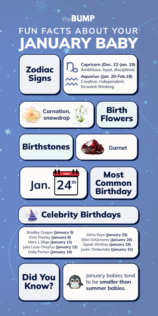 Infographic about January babies with zodiac signs, carnation and snowdrop birth flowers, garnet, a January 24 calendar, celebrity birthdays, and a note that January babies tend to be smaller than summer babies.