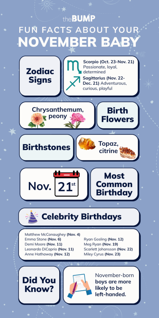 A blue infographic titled “Fun Facts About Your November Baby,” with sections on zodiac signs, birth flowers, topaz and citrine birthstones, a November 21 birthday, celebrity birthdays, and a left-handedness fact.