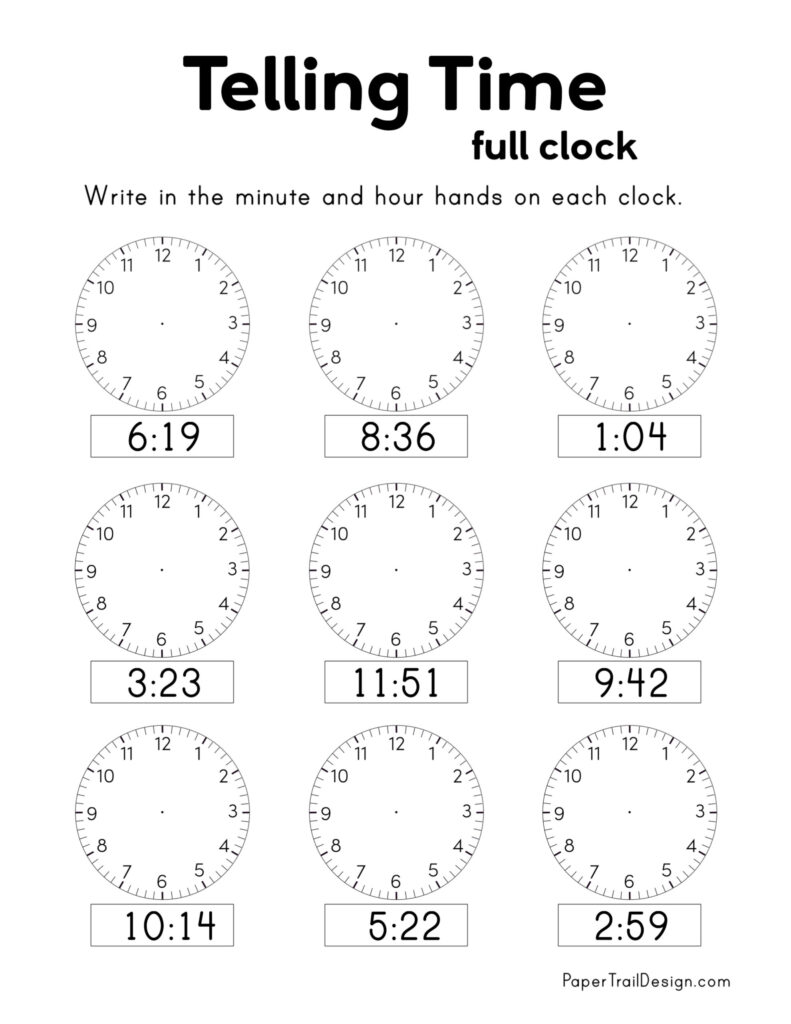 A telling-time worksheet with nine blank numbered clocks. Each clock has a different time printed beneath it, and students are instructed to draw in the minute and hour hands.