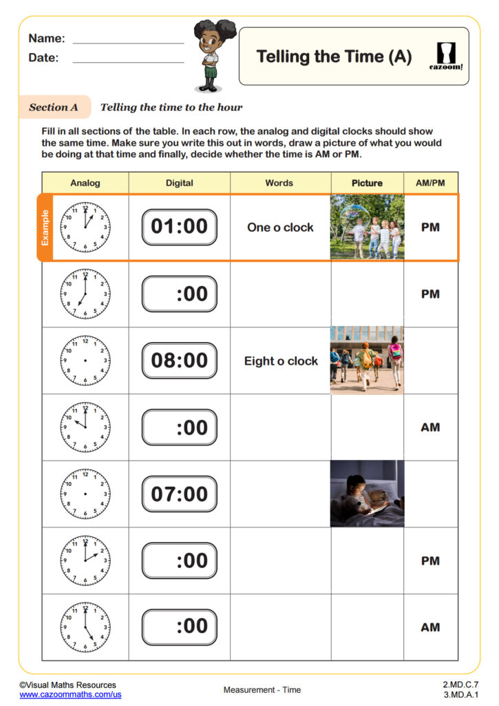A telling-time worksheet asks students to match analog clocks with digital times, write the times in words, add pictures, and choose AM or PM.