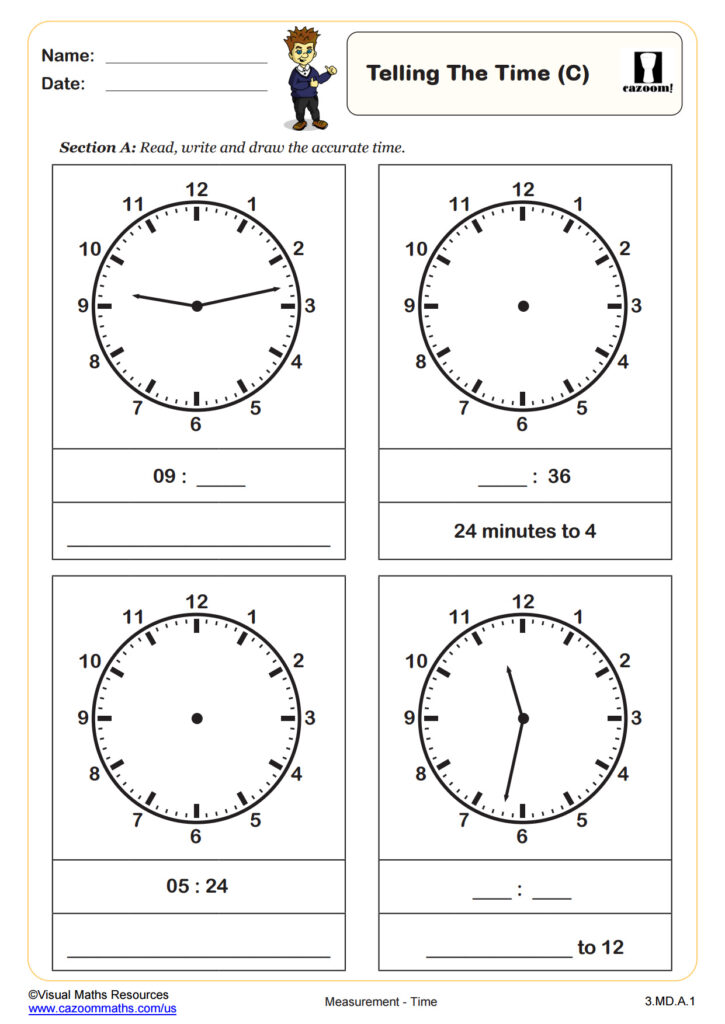 A time-telling worksheet with four analog clock exercises, including prompts to write times and describe minutes to an hour.
