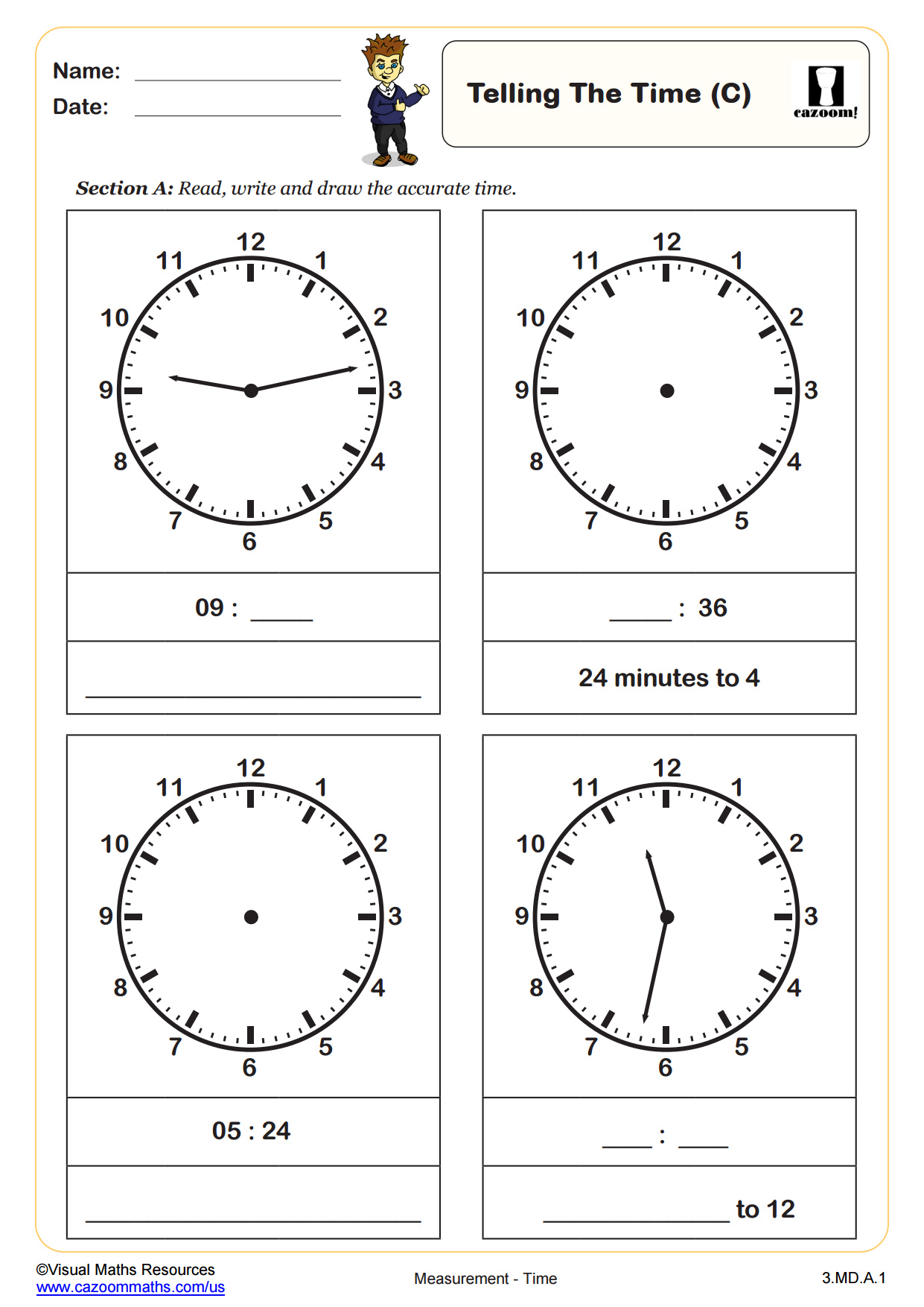 A time-telling worksheet with four analog clock exercises, including prompts to write times and describe minutes to an hour.