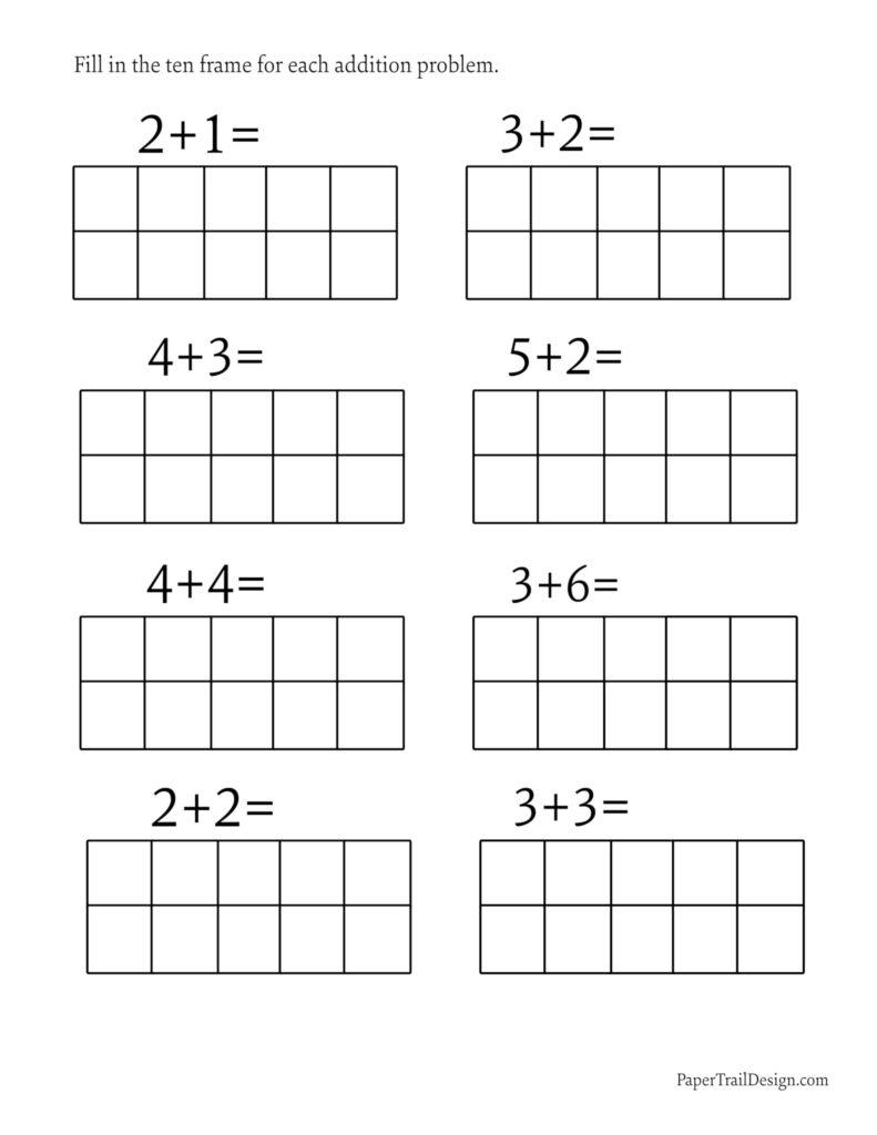 Addition worksheet with eight problems, including 2+1, 3+2, and 4+3, each paired with a blank ten frame.