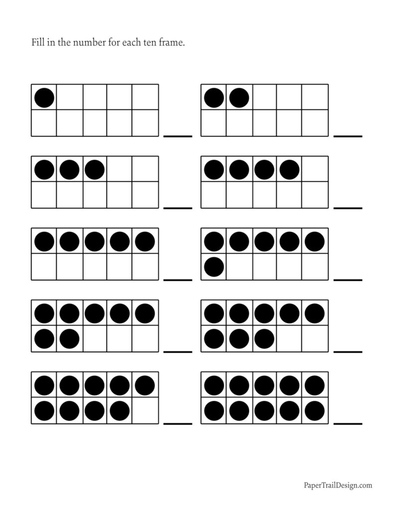 A worksheet titled “Fill in the number for each ten frame,” showing ten frames with increasing numbers of black counters and a blank answer line beside each.