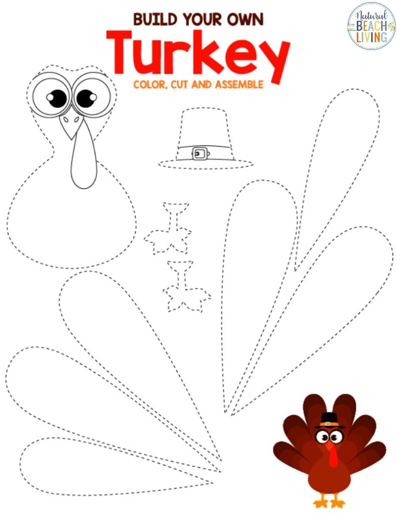 Build-your-own turkey craft worksheet with dashed cutout outlines for a turkey body, feathers, hat, and small accessories, plus a colored turkey example.