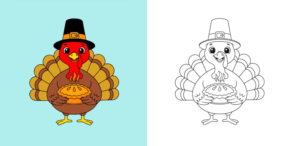 Black-and-white outline coloring page of a turkey wearing a pilgrim hat and holding a pie, shown beside a colored version.