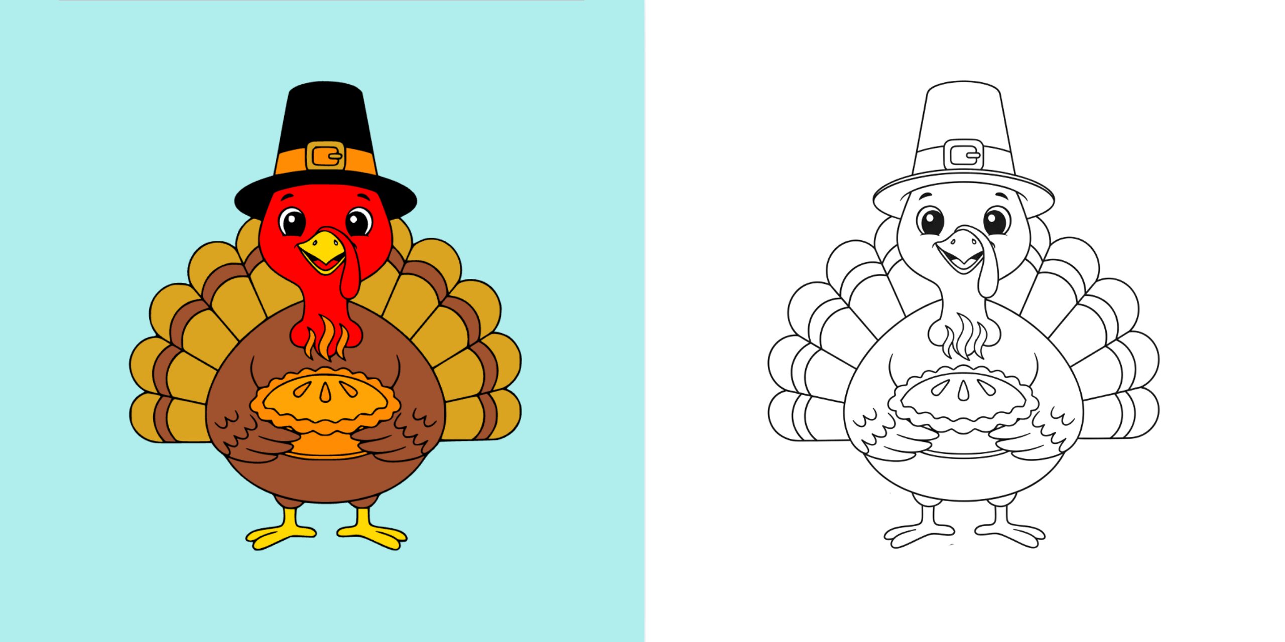 Black-and-white outline coloring page of a turkey wearing a pilgrim hat and holding a pie, shown beside a colored version.