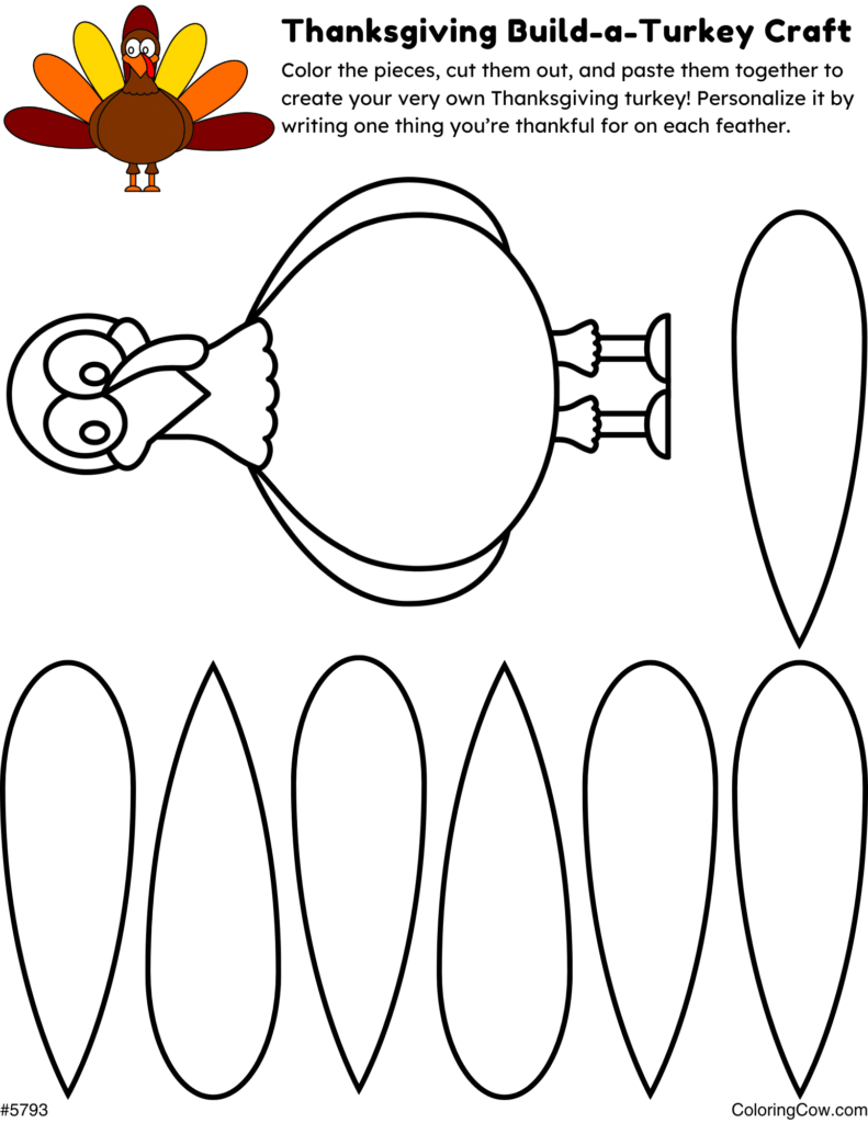 Thanksgiving turkey craft worksheet with a large turkey outline and separate feather shapes to color, cut out, and assemble; instructions invite writing something thankful on each feather.