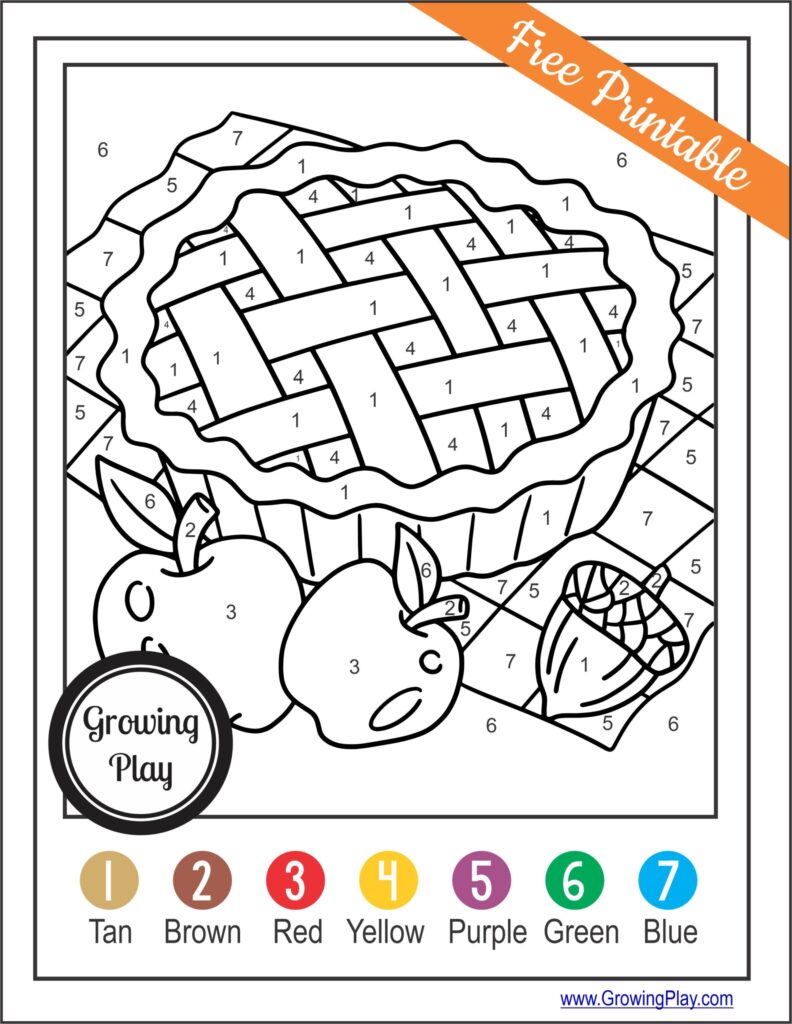 Color-by-number worksheet depicting a lattice-topped pie with apples and a leaf, with a numbered color key along the bottom.