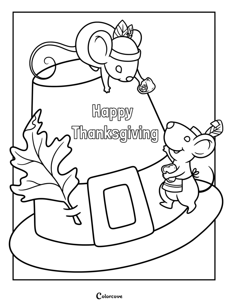 Thanksgiving coloring page showing two mice on a large hat, with autumn leaves and the words “Happy Thanksgiving.”.