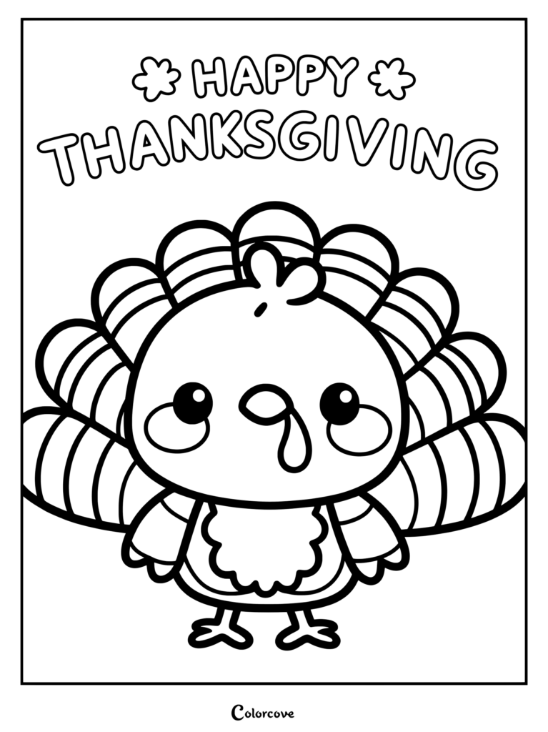Black-and-white Thanksgiving coloring page with a cute cartoon turkey, spread tail feathers, and “Happy Thanksgiving” lettering.