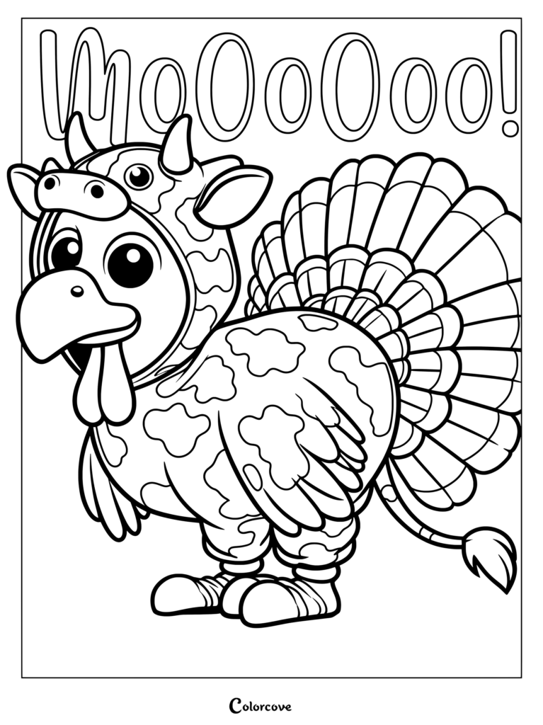 A cartoon turkey with a large fan-shaped tail and patterned feathers stands beneath oversized outlined lettering, ready to color.