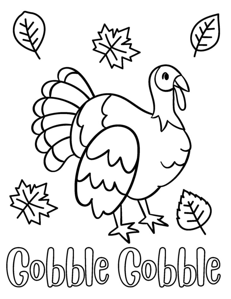 Black-and-white turkey coloring page with autumn leaves and the words “Gobble Gobble.”.