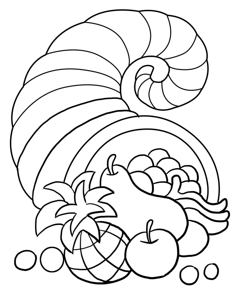 Black-and-white coloring page of a large cornucopia filled with fruit, including apples, grapes, and a pineapple.