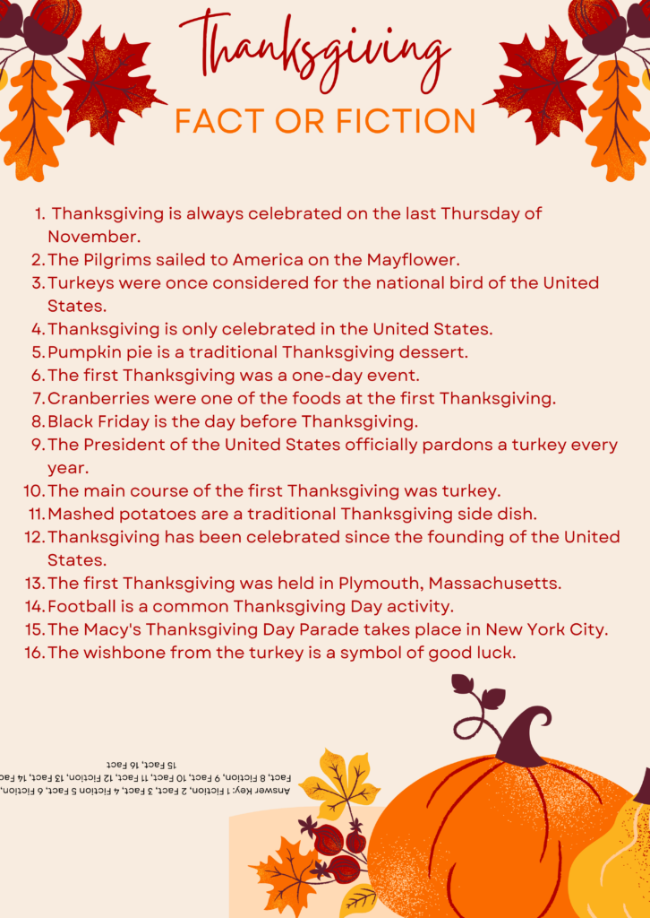 Thanksgiving fact-or-fiction worksheet with 16 numbered statements, autumn leaf decorations, and pumpkins; a small upside-down answer key appears near the bottom.