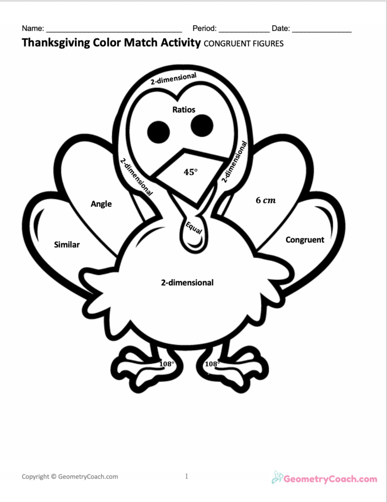 A black-and-white Thanksgiving worksheet featuring a turkey labeled with geometry terms and figures for a color-match activity on congruent figures.