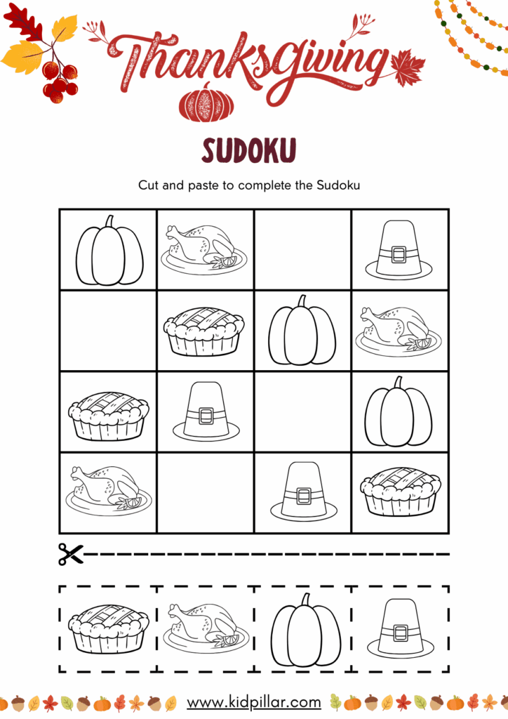 Thanksgiving Sudoku worksheet with a 4-by-4 grid using pumpkins, turkey, pie, and pilgrim hats, plus cut-out pieces below.