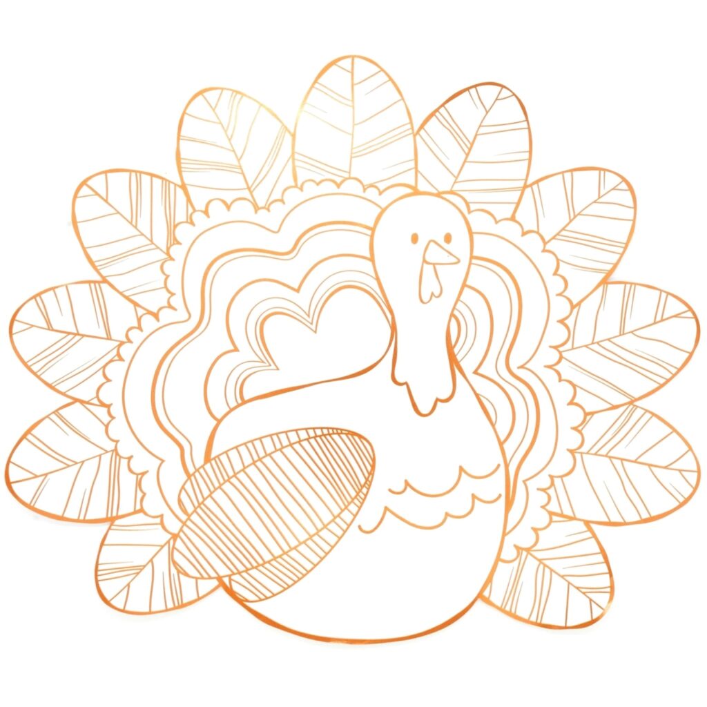 Outline coloring page of a turkey with a fan of patterned feathers and decorative tail plumage.