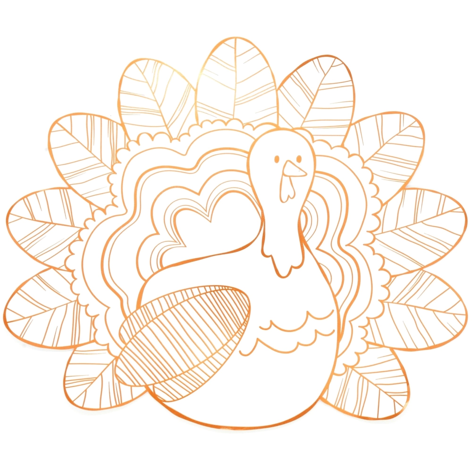 Outline coloring page of a turkey with a fan of patterned feathers and decorative tail plumage.