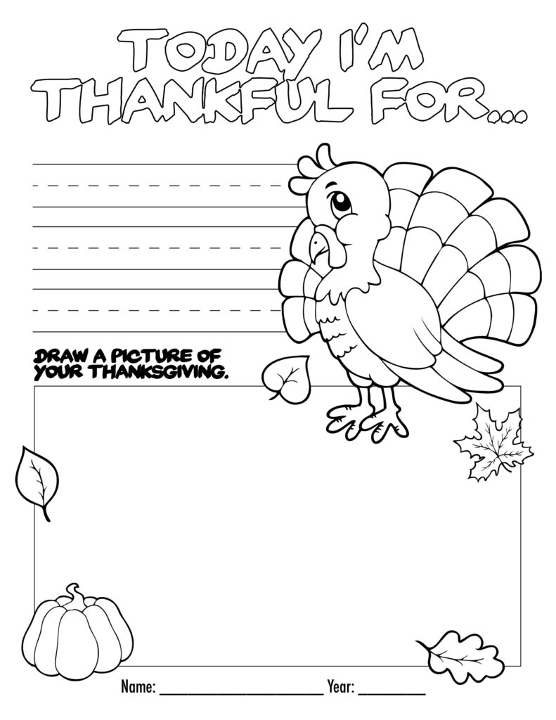 Thanksgiving worksheet with a large outlined turkey, writing lines for things to be thankful for, a blank drawing box, and fall leaves and a pumpkin.