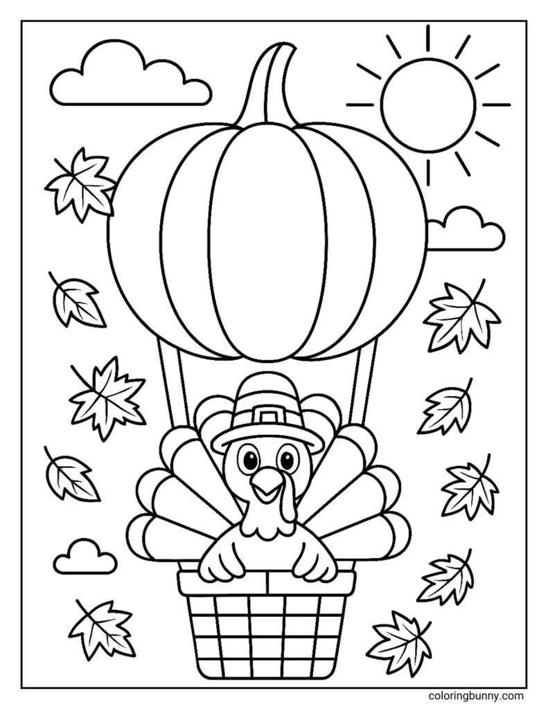 Thanksgiving coloring page showing a cartoon turkey in a pumpkin-shaped hot-air balloon, surrounded by autumn leaves, clouds, and a sun.