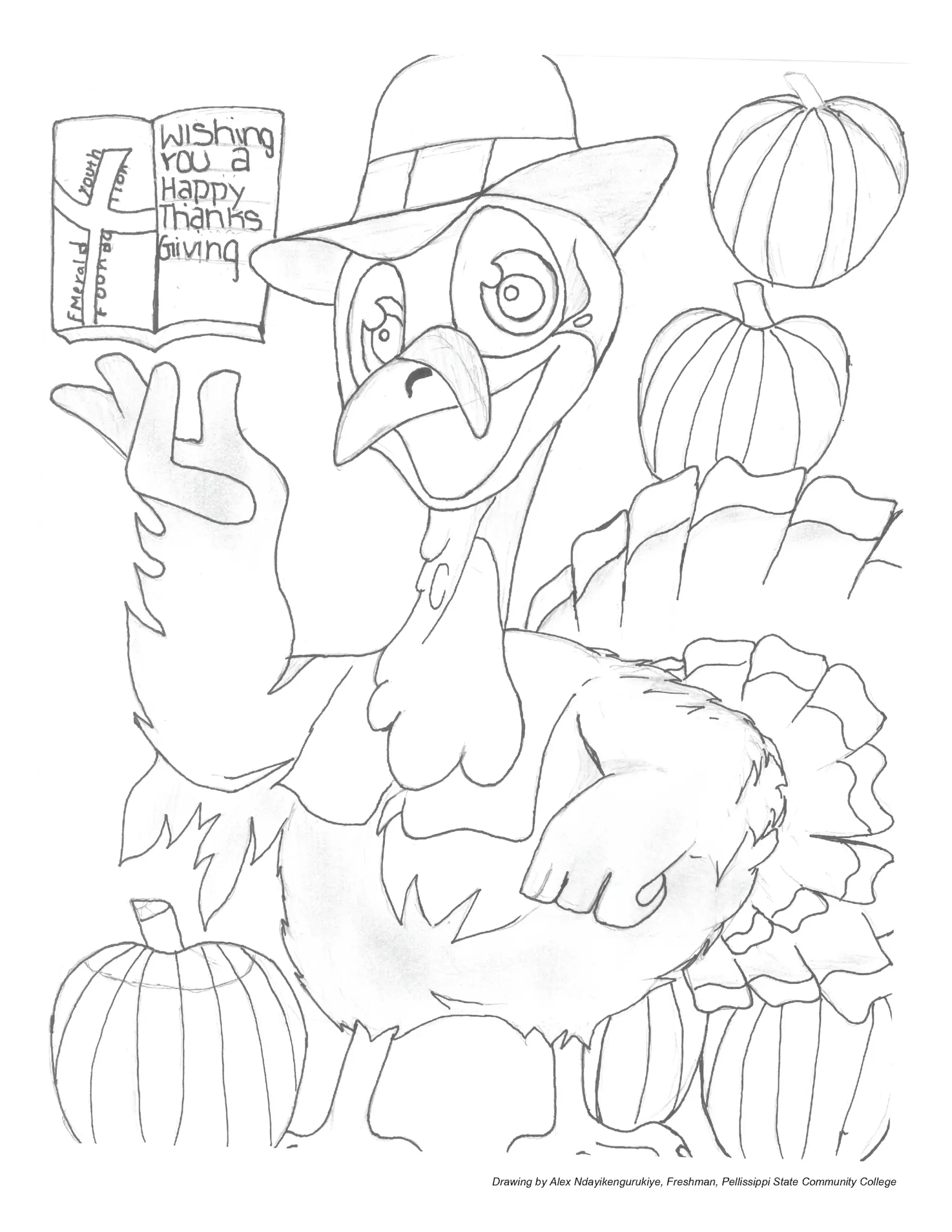 Black-and-white coloring page of a cartoon turkey holding a book wishing a happy Thanksgiving, surrounded by pumpkins and autumn foliage.