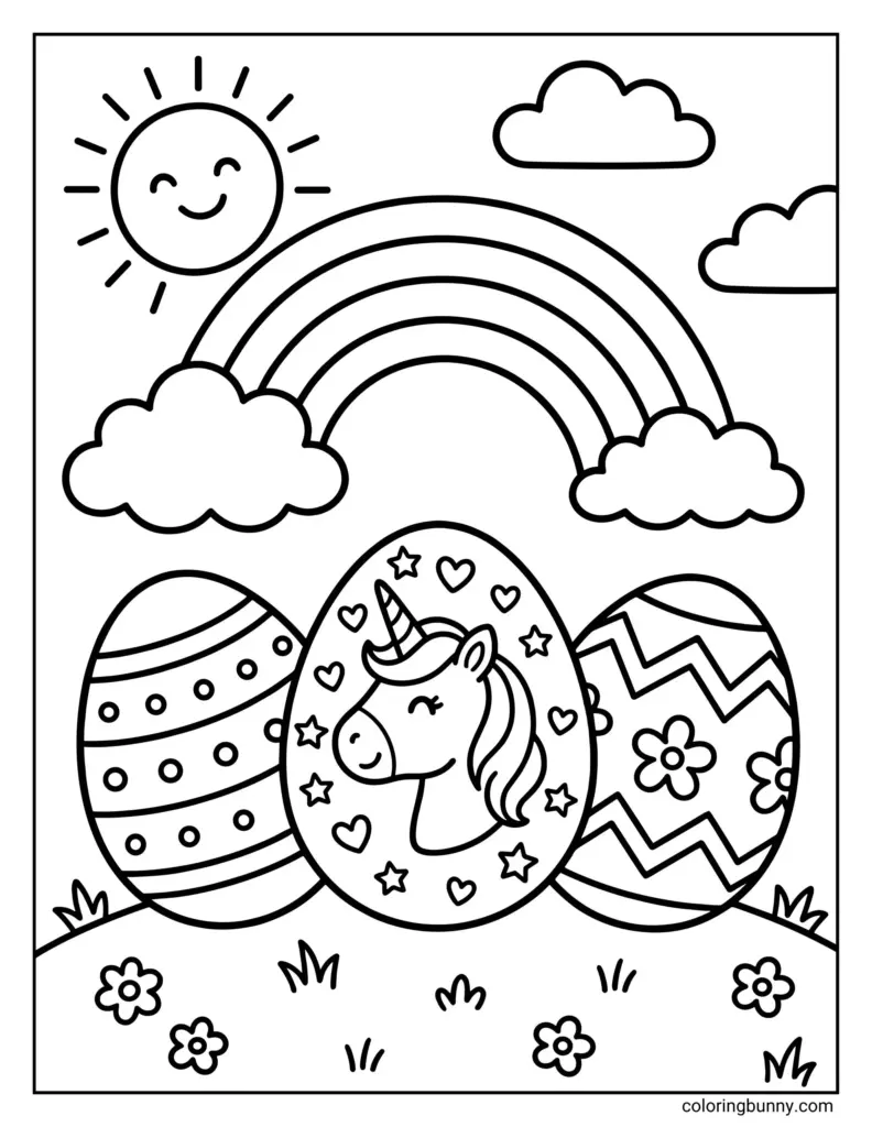 Easter coloring page featuring three decorated eggs, including one with a unicorn, among flowers and grass beneath a rainbow, clouds, and a smiling sun.