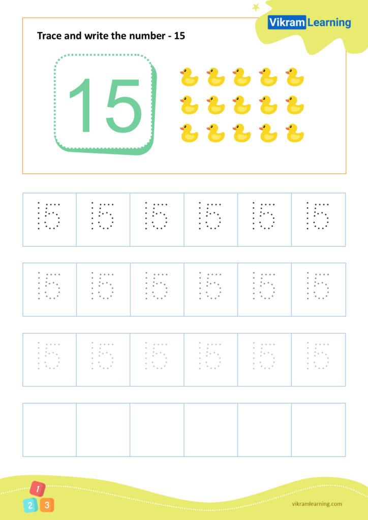 A number 15 handwriting worksheet with a large example beside 15 yellow ducks, rows of dotted 15s to trace, and blank boxes for writing.