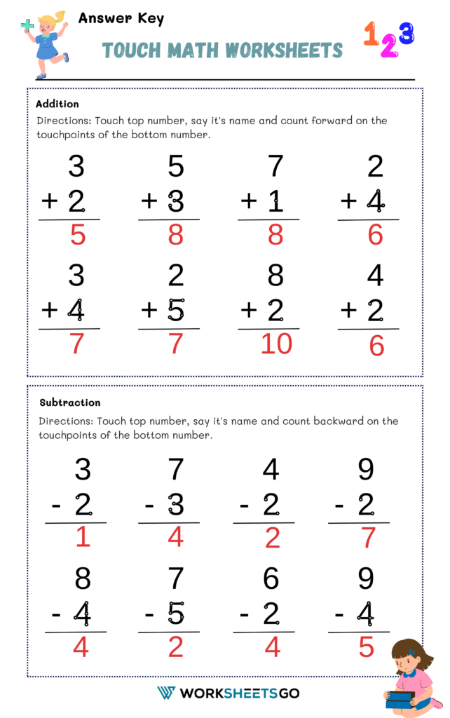 Touch Math answer key worksheet with addition and subtraction problems, touch-point markings, and red answers.