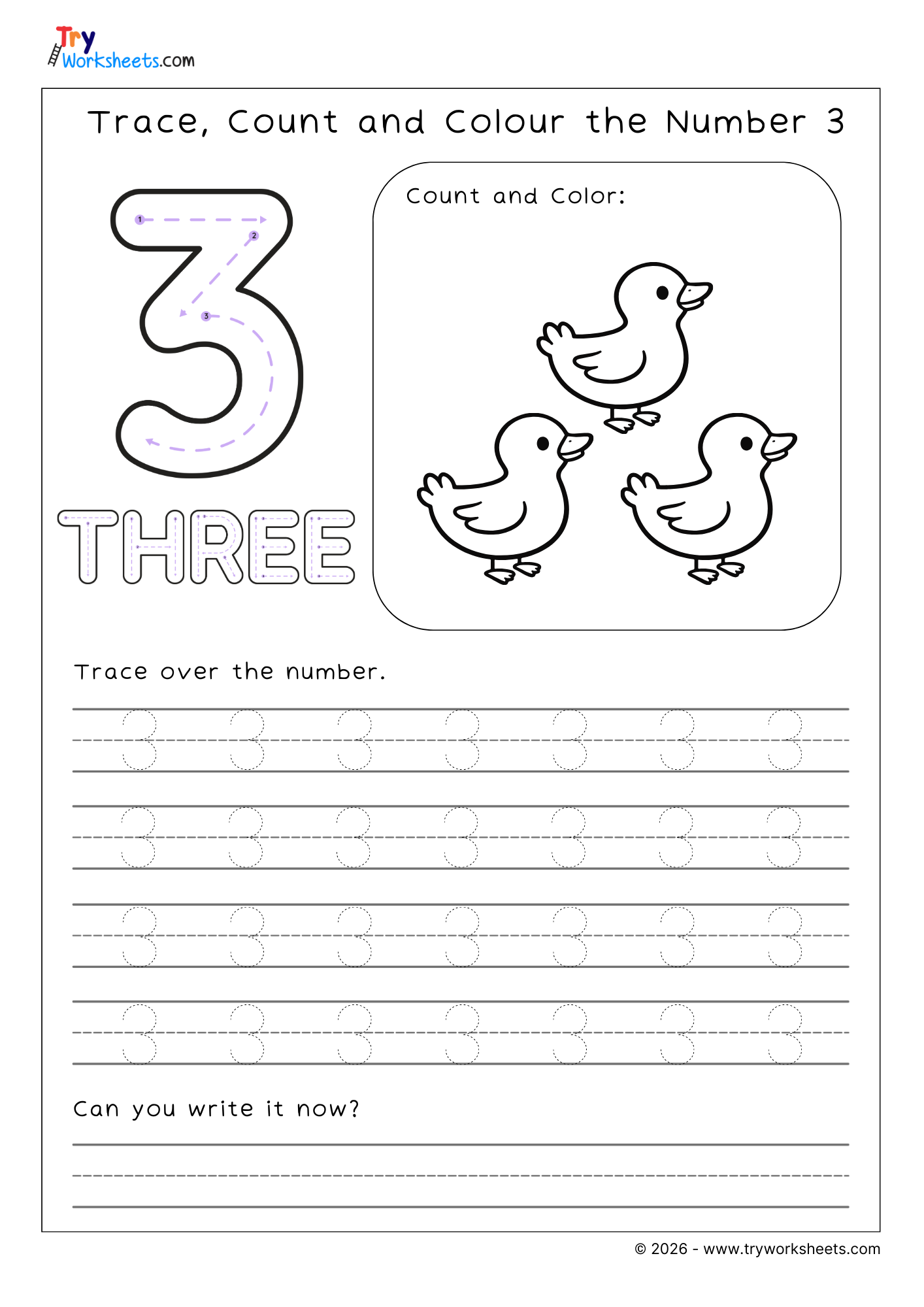 A number-three worksheet with a large tracing numeral, the word “THREE,” three duck illustrations to count and color, and dotted numeral tracing and writing lines.