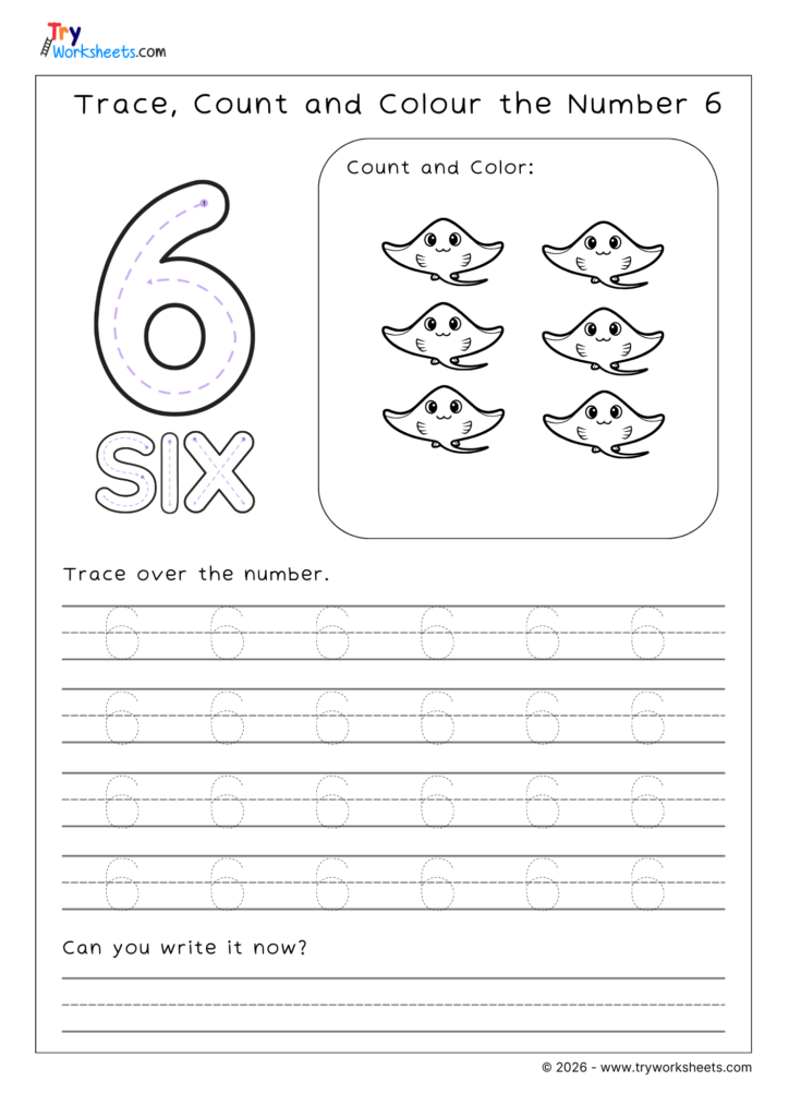 A preschool worksheet featuring a large number 6 to trace, six cartoon stingrays to count and color, dotted tracing practice rows, and blank writing lines.