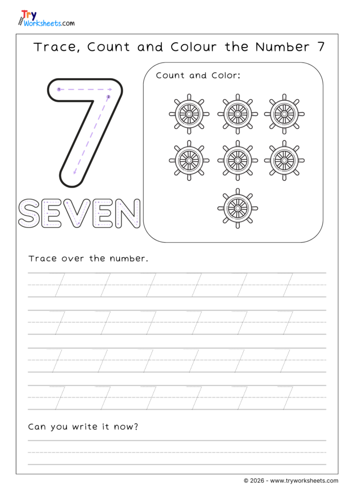 A number 7 worksheet with a large tracing numeral, the word “SEVEN,” seven ship wheels to count and color, and handwriting practice lines.