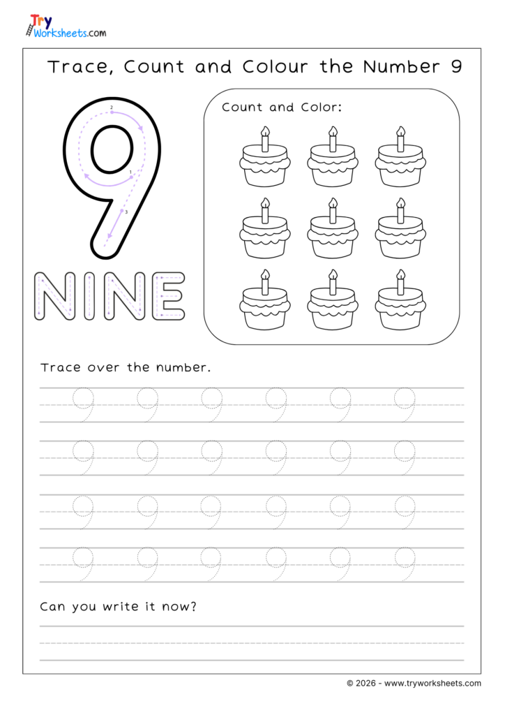 A number 9 worksheet with a large tracing guide, nine cupcakes to count and color, rows of dotted 9s to trace, and blank lines for writing.
