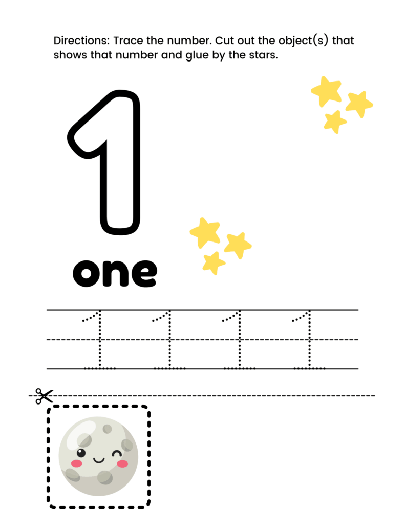 A number-one worksheet with a large outlined 1, the word “one,” dotted tracing practice, yellow stars, and a dashed cutout box containing a smiling moon.