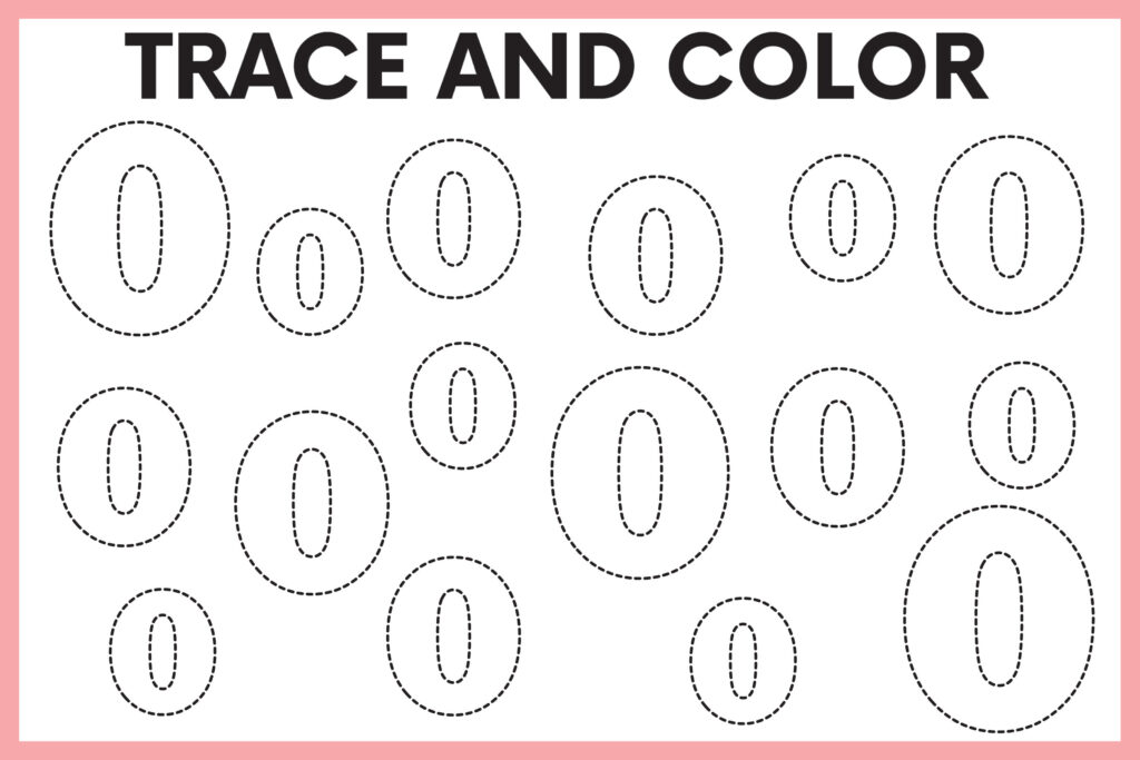A trace-and-color worksheet showing multiple dotted outlines of the numeral zero in different sizes.