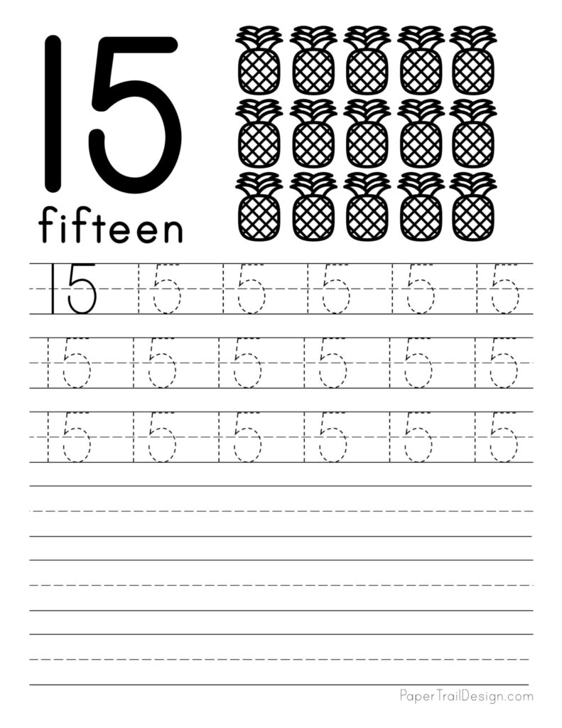 Number 15 worksheet with the word “fifteen,” fifteen pineapple illustrations, dotted numeral-tracing exercises, and blank handwriting lines.