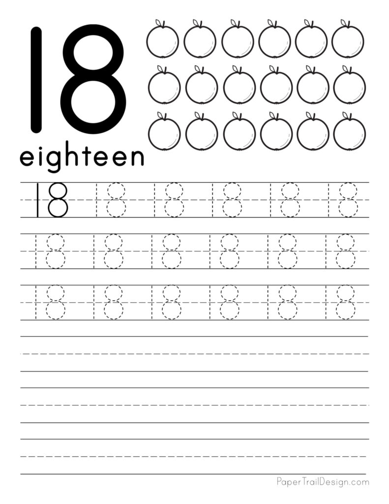 Number 18 worksheet with fruit-counting outlines and dotted numeral tracing exercises, followed by blank handwriting lines.