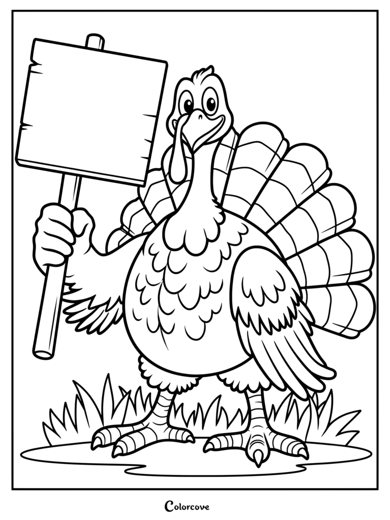 A cartoon turkey with a fan-shaped tail stands in grass holding a blank sign, drawn in black outlines for coloring.